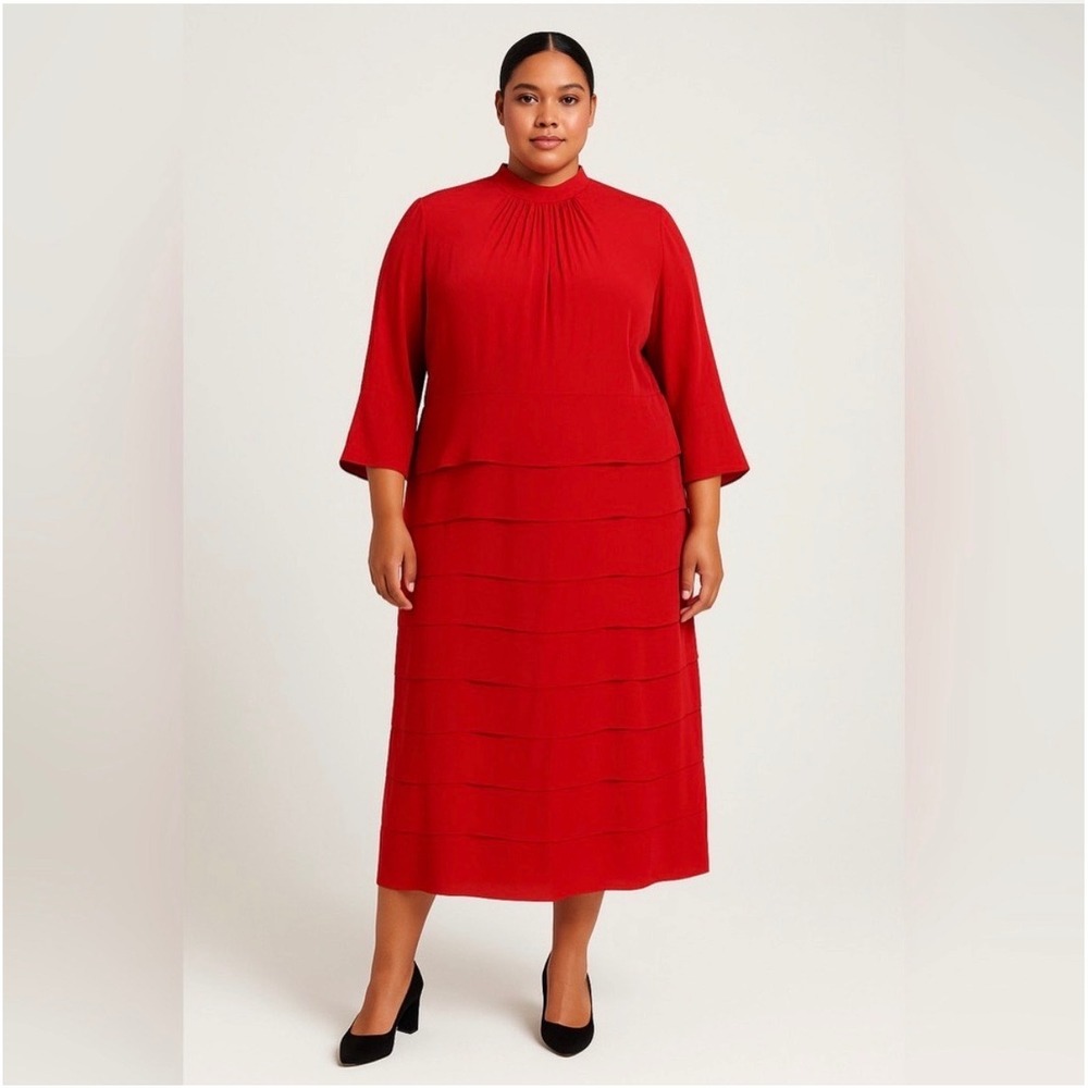 Iris & Ink Red Silk Tiered Midi Dress Size 14 Mock Neck Elegant Occasion